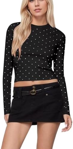 Polka Dot Tops for Women Long Sleeve Crew Neck Slim Fit Shirt Tops